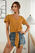 Decorative Button V-Neck Tied Blouse-Teresa's Fashionista LLC