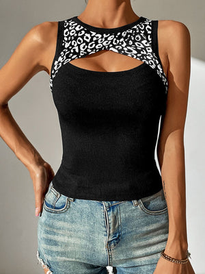 Leopard Cutout Round Neck Tank-Teresa's Fashionista LLC