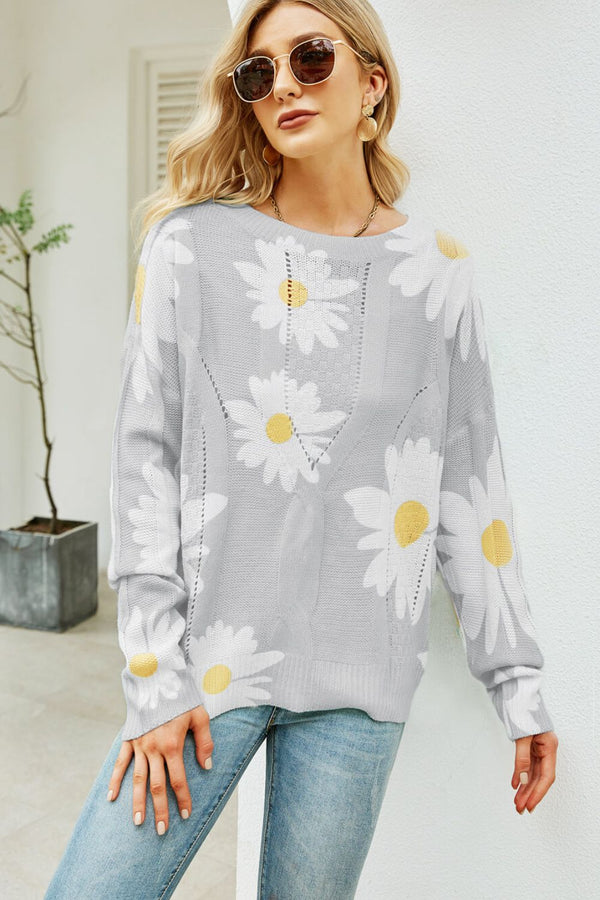 Daisy Print Openwork Round Neck Sweater-Teresa's Fashionista LLC