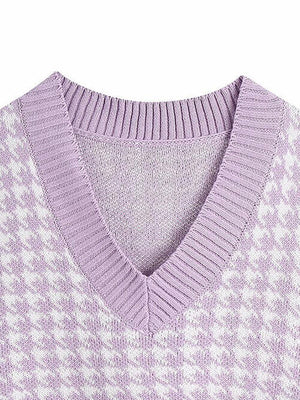 Houndstooth V-Neck Sweater Vet-Teresa's Fashionista LLC