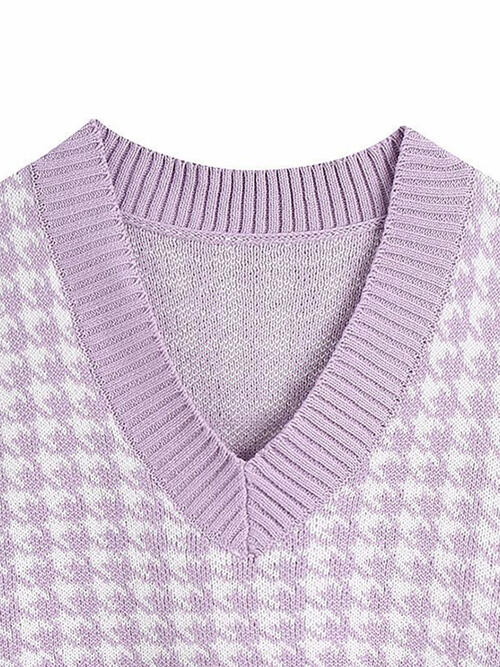 Houndstooth V-Neck Sweater Vet-Teresa&#39;s Fashionista LLC