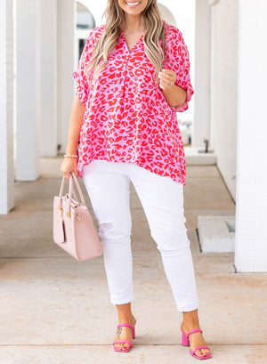 Plus Size Printed Notched Neck Half Sleeve Top-Teresa's Fashionista LLC
