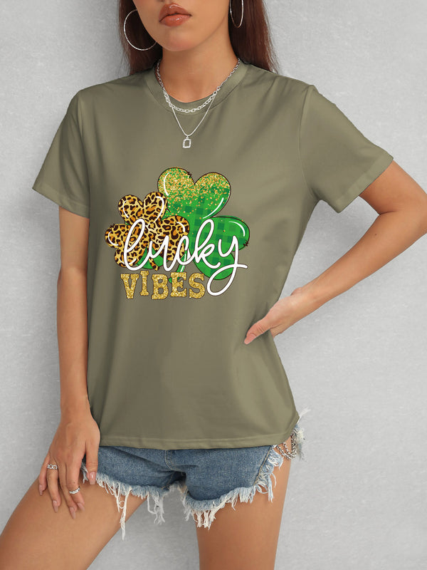 LUCKY VIBES Round Neck Short Sleeve T-Shirt-Teresa's Fashionista LLC