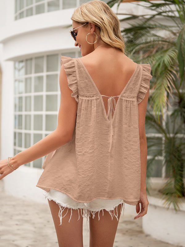 Tie Back V-Neck Ruffled Blouse-Teresa's Fashionista LLC