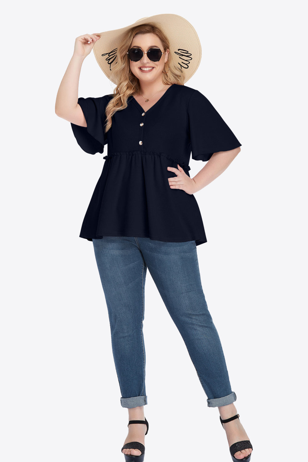 Plus Size Buttoned V-Neck Frill Trim Babydoll Blouse-Teresa&#39;s Fashionista LLC