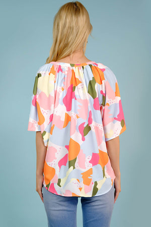 Printed Notched Neck Half Sleeve Blouse-Teresa's Fashionista LLC