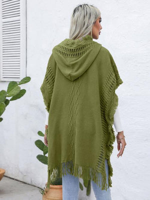Fringe Trim Buttoned Hooded Poncho-Teresa's Fashionista LLC