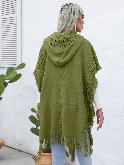 Fringe Trim Buttoned Hooded Poncho-Teresa's Fashionista LLC