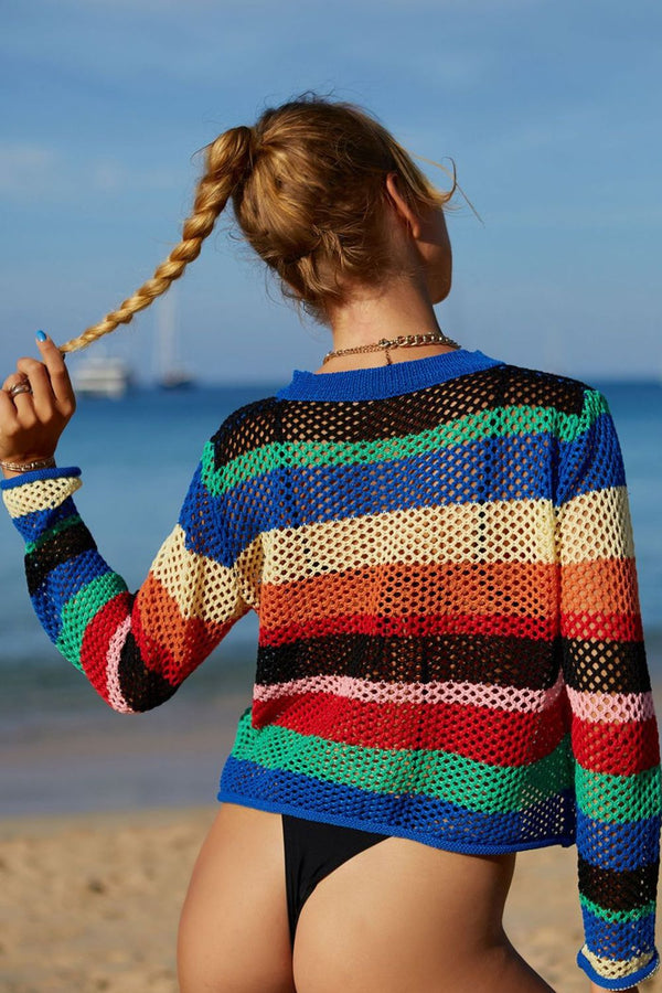 Rainbow Stripe Openwork Long Sleeve Cover-Up-Teresa's Fashionista LLC