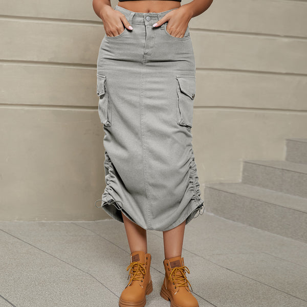 Drawstring Ruched Slit Denim Midi Skirt-Teresa's Fashionista LLC