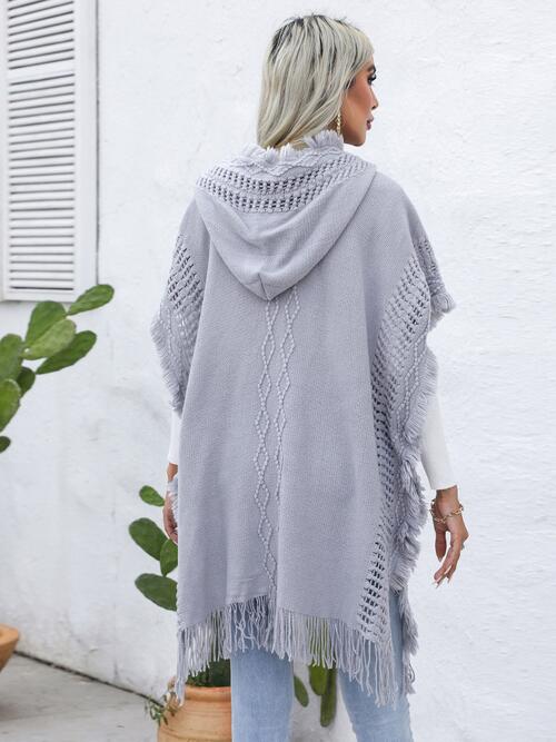 Fringe Trim Buttoned Hooded Poncho-Teresa's Fashionista LLC