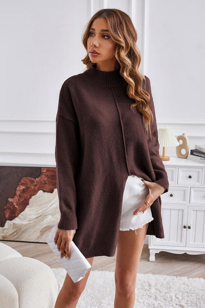 Exposed Seam Mock Neck Slit Sweater-Teresa&#39;s Fashionista LLC