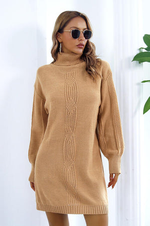 Openwork Turtleneck Long Sleeve Sweater Dress-Teresa's Fashionista LLC