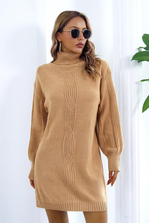 Openwork Turtleneck Long Sleeve Sweater Dress-Teresa's Fashionista LLC