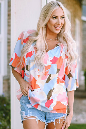 Printed Notched Neck Half Sleeve Blouse-Teresa's Fashionista LLC