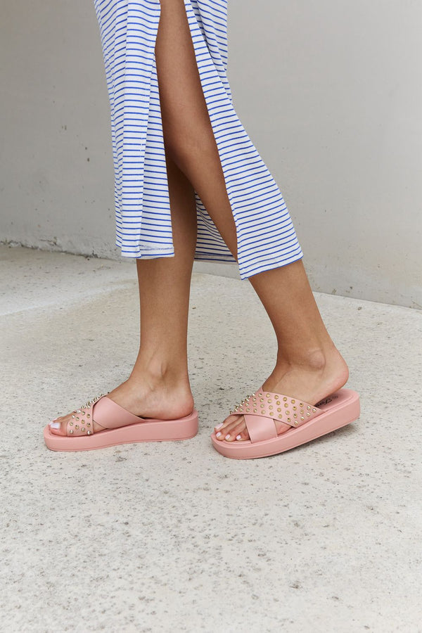 Forever Link Studded Cross Strap Sandals in Blush-Teresa's Fashionista LLC