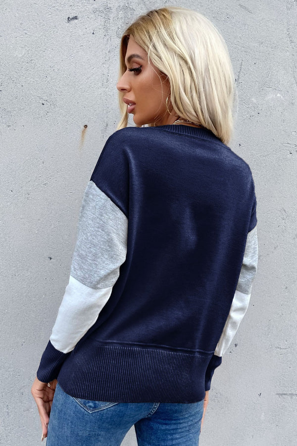 Color Block Ribbed Trim Round Neck Knit Pullover-Teresa's Fashionista LLC
