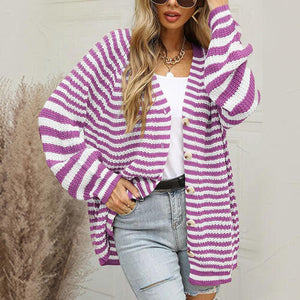 Striped Button Down Long Sleeve Cardigan-Teresa's Fashionista LLC
