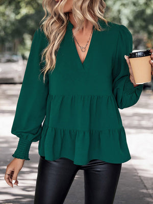 Notched Neck Lantern Sleeve Blouse-Teresa's Fashionista LLC