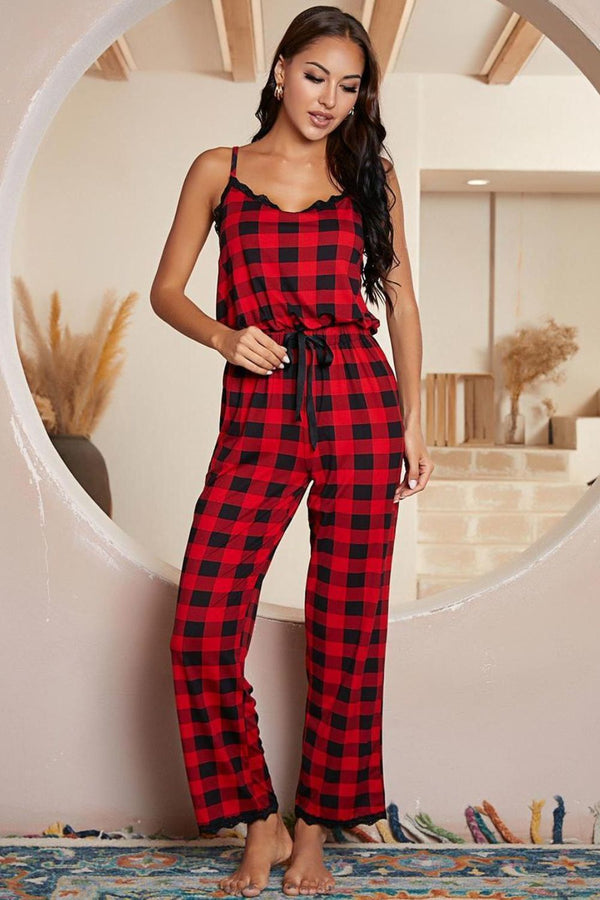 Plaid Lace Trim Spaghetti Strap Jumpsuit-Teresa's Fashionista LLC
