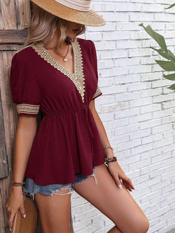 Contrast V-Neck Babydoll Top-Teresa's Fashionista LLC