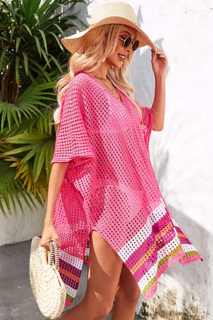 Rainbow Stripe Openwork Slit Cover-Up-Teresa's Fashionista LLC