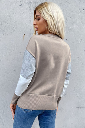 Color Block Ribbed Trim Round Neck Knit Pullover-Teresa's Fashionista LLC