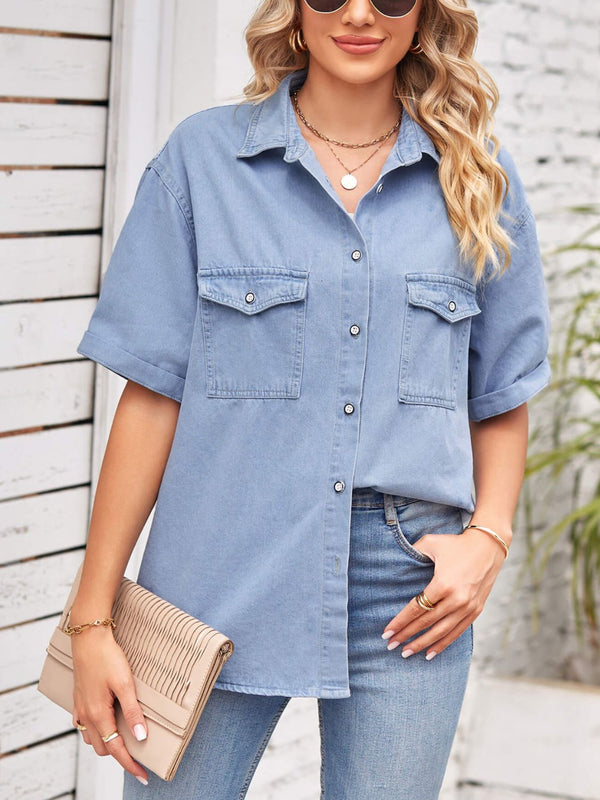Collared Neck Short Sleeve Denim Jacket-Teresa's Fashionista LLC