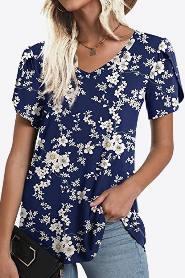 Printed Petal Sleeve V-Neck Blouse-Teresa's Fashionista LLC