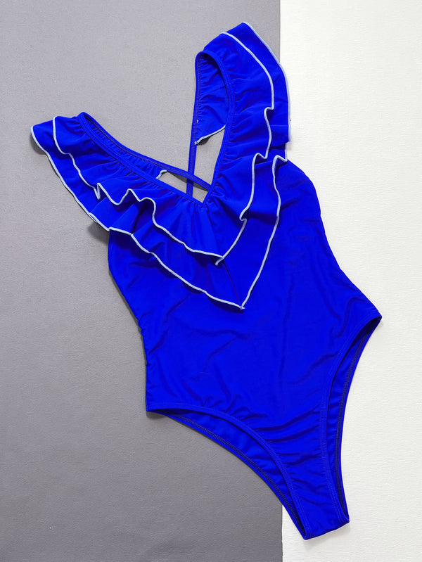 Ruffled Crisscross Backless One-Piece Swimsuit-Teresa's Fashionista LLC