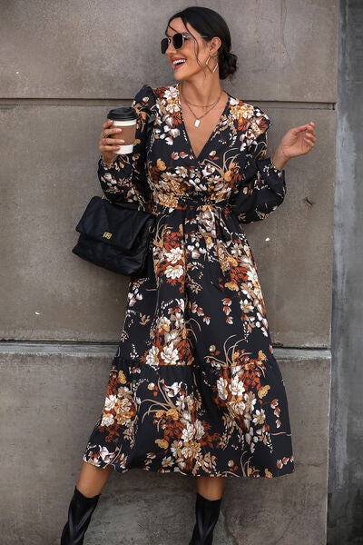 Floral Surplice Tie Front Ruffle Hem Midi Dress-Teresa's Fashionista LLC