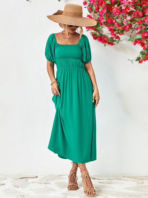 Off-shoulder balloon sleeve midi dress in solid color with chic A-line hem.