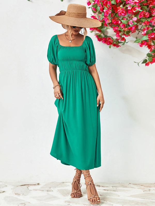 Off-shoulder balloon sleeve midi dress in solid color with chic A-line hem.