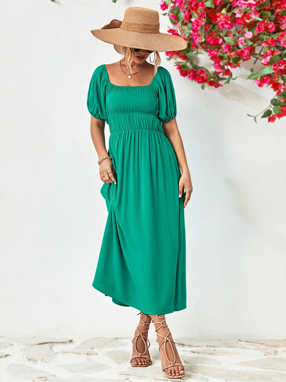 Off-shoulder balloon sleeve midi dress in solid color with chic A-line hem.