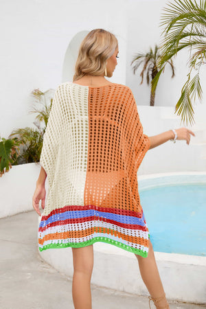 Contrast Scoop Neck Openwork Half Sleeve Cover Up-Teresa's Fashionista LLC