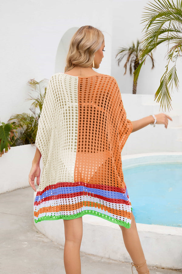 Contrast Scoop Neck Openwork Half Sleeve Cover Up-Teresa's Fashionista LLC