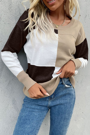Color Block Ribbed Trim Round Neck Knit Pullover-Teresa's Fashionista LLC