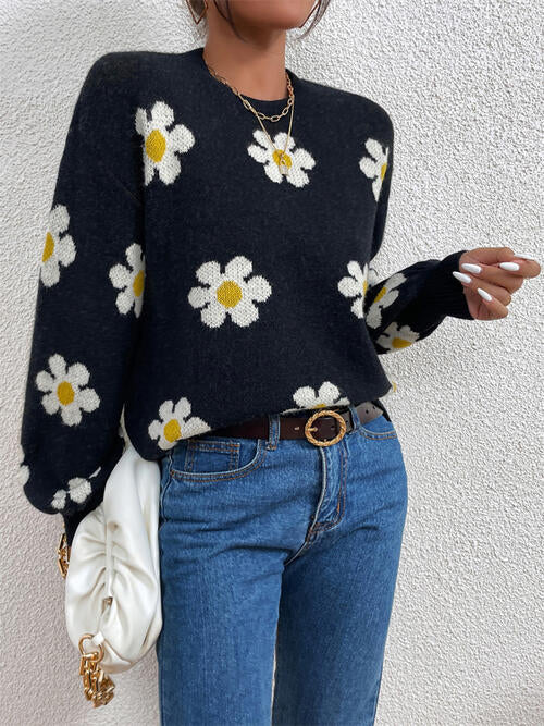 Flower Round Neck Latern Sleeve Sweater-Teresa&#39;s Fashionista LLC