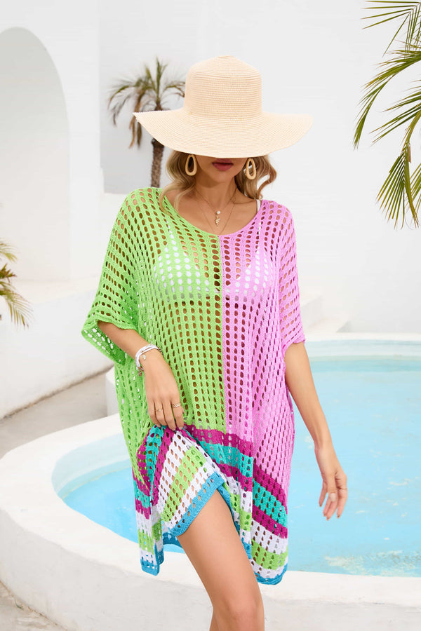 Contrast Scoop Neck Openwork Half Sleeve Cover Up-Teresa's Fashionista LLC