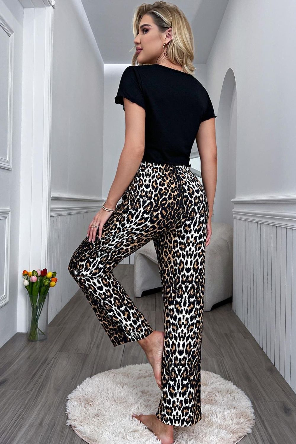 Lettuce Trim Cropped T-Shirt and Leopard Pants Lounge Set-Teresa's Fashionista LLC