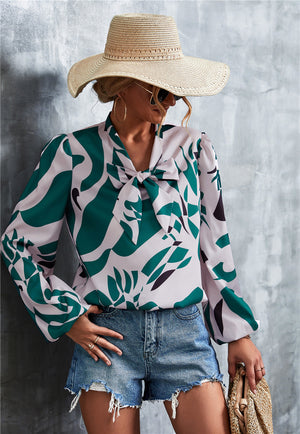 Printed Tie Neck Puff Sleeve Blouse-Teresa's Fashionista LLC