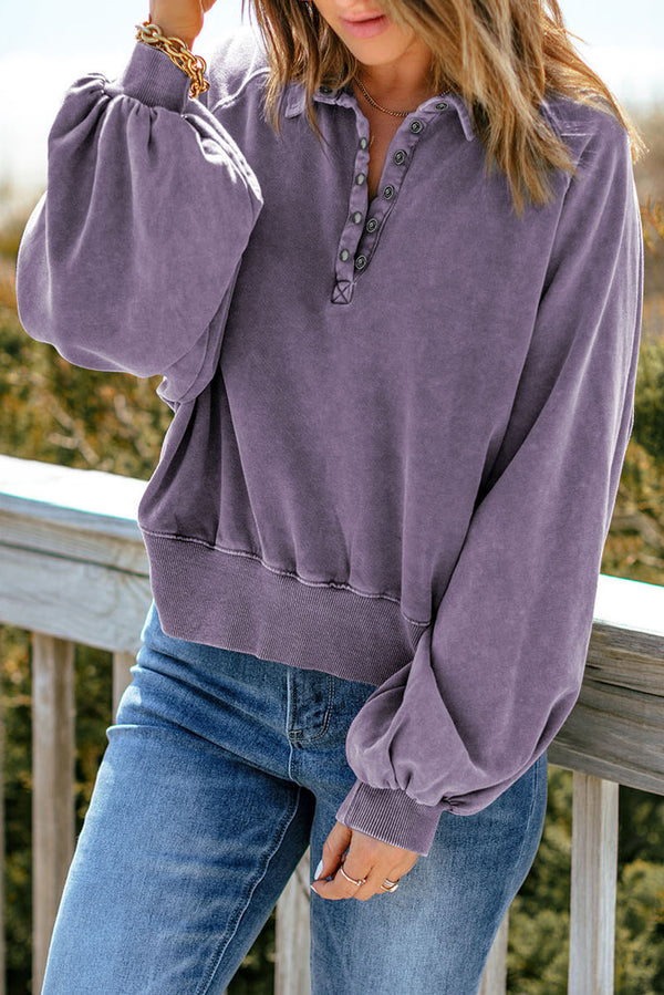 Quarter-Snap Collared Lantern Sleeve Sweatshirt-Teresa's Fashionista LLC
