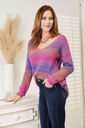 Double Take Multicolored Rib-Knit V-Neck Knit Pullover-Teresa's Fashionista LLC
