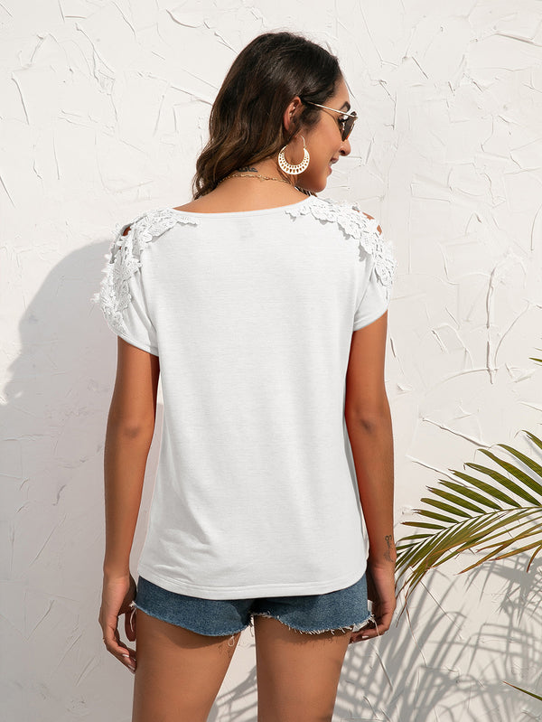 Spliced Lace Cold-Shoulder Blouse-Teresa's Fashionista LLC