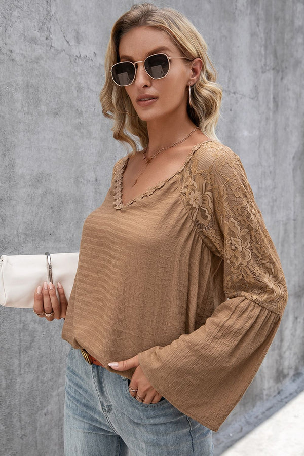 V-Neck Spliced Lace Flare Sleeve Top-Teresa's Fashionista LLC