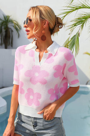 Floral Johnny Collar Half Sleeve Knit Top-Teresa's Fashionista LLC