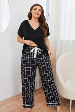 Plus Size V-Neck Top and Plaid Pants Lounge Set-Teresa's Fashionista LLC