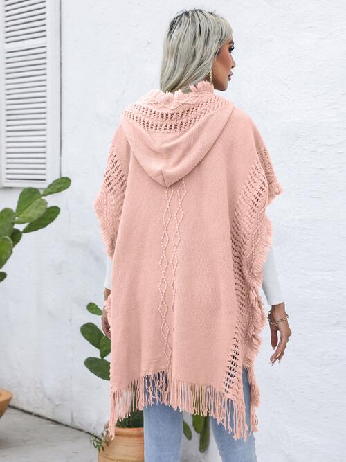 Fringe Trim Buttoned Hooded Poncho-Teresa's Fashionista LLC