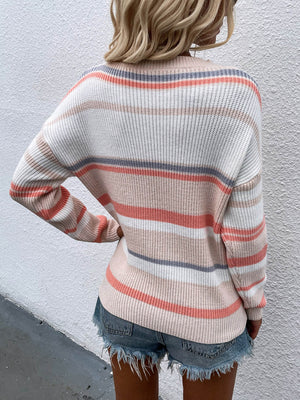 Striped Drop Shoulder Round Neck Pullover Sweater-Teresa's Fashionista LLC