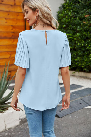 Pleated Flutter Sleeve Round Neck Blouse-Teresa's Fashionista LLC